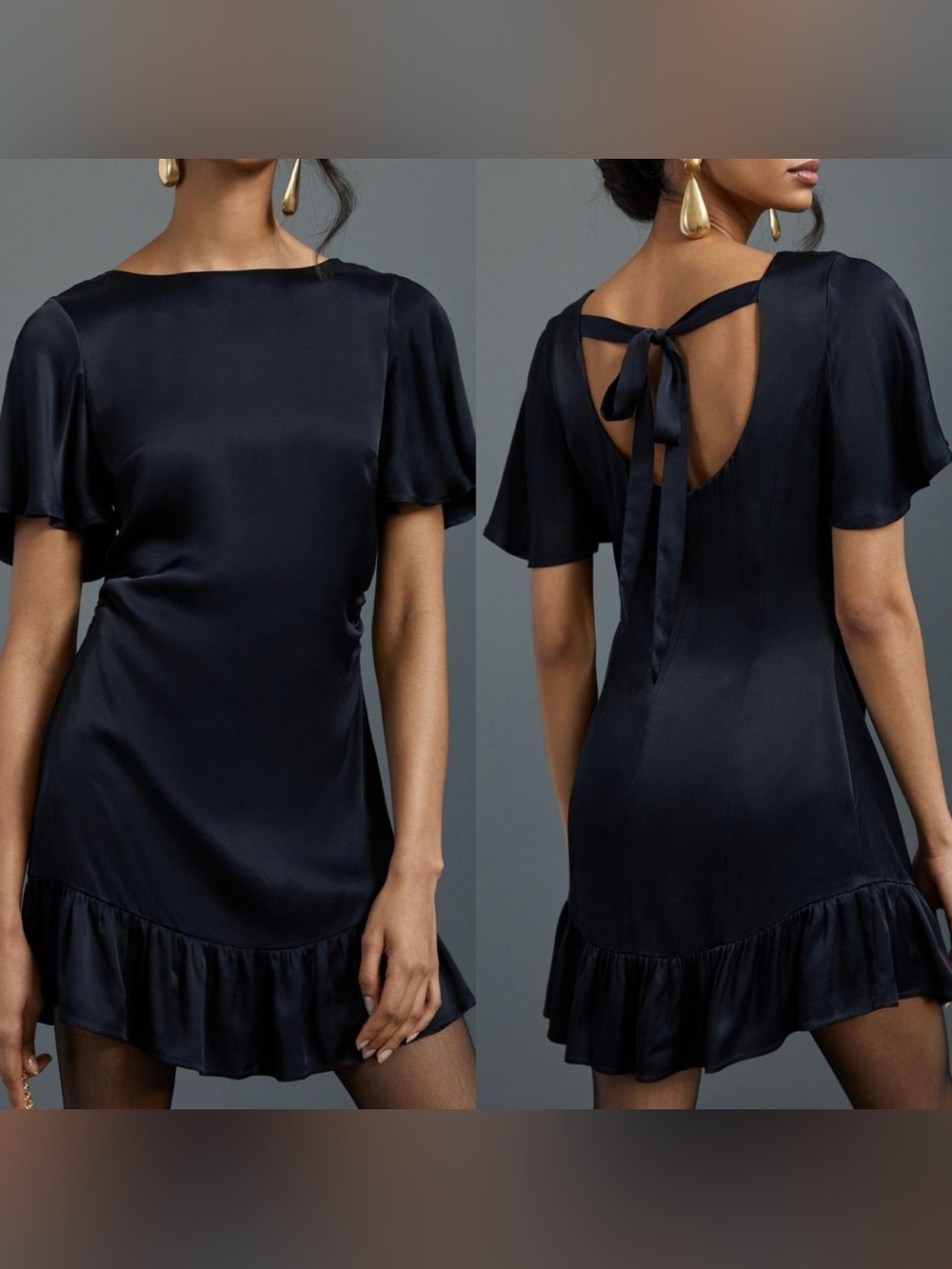 Anthropologie Black Satin Mini Dress with Ruffle Hem